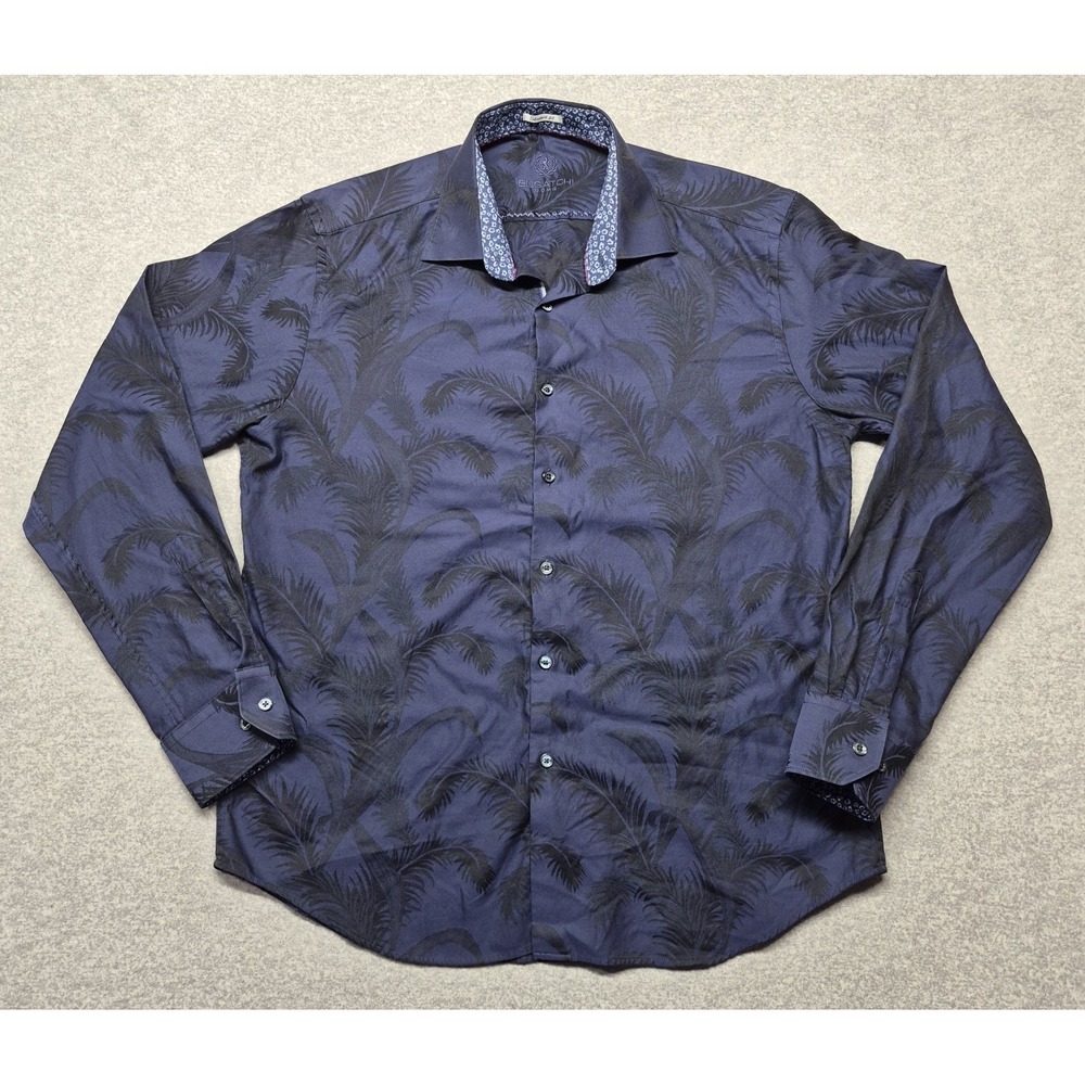 Bugatchi Uomo Linen Shirt Men Large Blue Floral Shaped Fit Button Down Flip Cuff